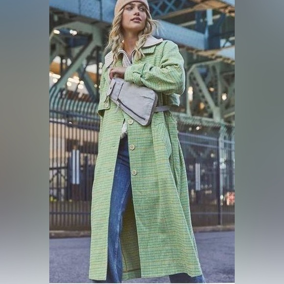 Free People Jackets & Blazers - NWOT Free People Melia Check Wool Blend Jacket Green Blue Peacoat Trench Coat